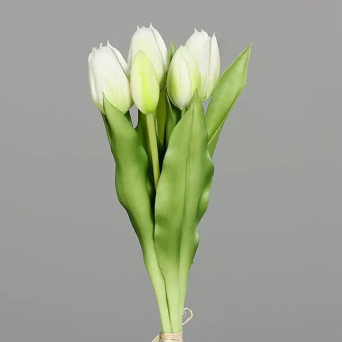 Kunstblume Tulpen - Höhe: 31 cm, Pink, Creme (sortiert) - Ein Strauß künstlicher weißer Tulpen mit grünen Stielen und Blättern, zusammengebunden.