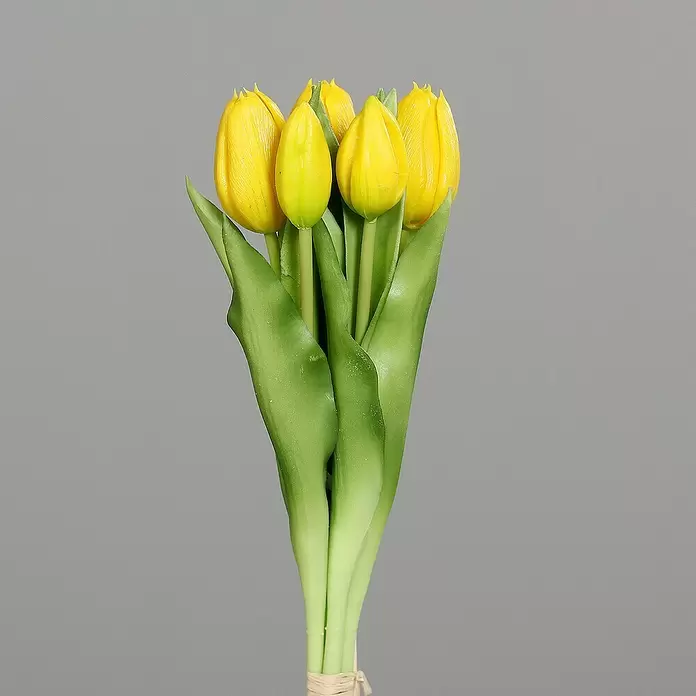 Kunstblume Tulpen - Höhe: 31 cm, Orange, Gelb (sortiert) - Strauß gelber Tulpen mit grünen Blättern und Stielen, zusammengebunden.