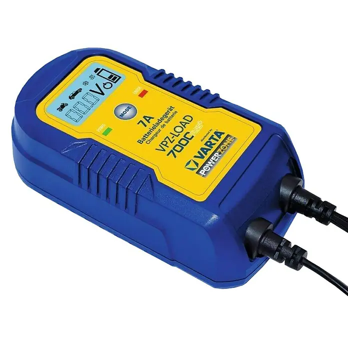 Varta Batterie-Ladegerät 7000 Plus - Geeignet für: AGM-/Gel-/Blei-Säure-Batterien 12/24 V - Abbildung eines Varta VPZ-LOAD 700C Batterieladegeräts mit digitalem Display, geeignet für verschiedene Fahrzeugtypen und Batteriegrößen.