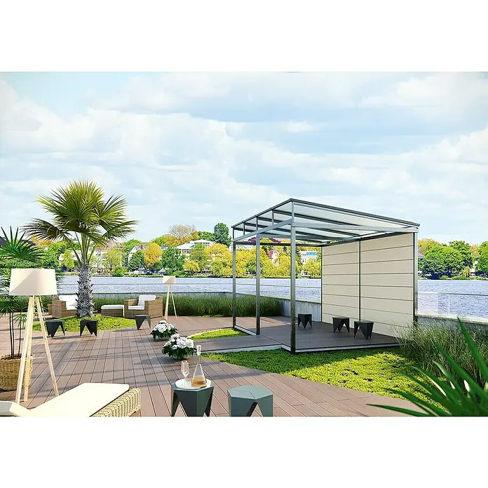 PLEXIGLAS® Acrylglas-Stegplatte Resist AAA SDP 16-64 - 4.000 x 980 x 16 mm, Acrylglas (PMMA), Weiß - Ein moderner Terrassen-Pavillon mit Metallrahmen und Stoffbahnen, der Schatten spendet und gleichzeitig einen stilvollen Akzent im Außenbereich setzt.