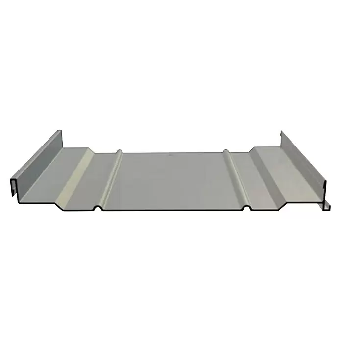 Wellplatte PC Stehfalzprofil - 2.500 x 250 x 1,5 mm, Trapez, Silbergrau - Hellgraues Stehfalz-Metallpaneel mit ausgeprägten parallelen Rippen, für Dach- oder Fassadenverkleidung.
