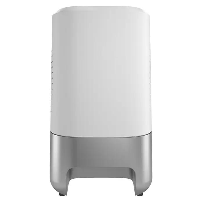 Homematic IP Steuerzentrale Home Control Unit HmIP-HCU1 - Weiß, L x B x H: 9,6 x 9,6 x 17,3 cm - Nahaufnahme eines stilvollen weißen Luftreinigers mit silberner Basis. Kompakt, modern und perfekt für jeden Raum, um die Luftqualität zu verbessern.