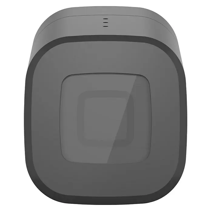 Homematic IP Steuerzentrale Home Control Unit HmIP-HCU1 - Anthrazit, L x B x H: 9,6 x 9,6 x 17,3 cm - Graues, würfelförmiges Smart-Home-Gerät mit abgerundeten Ecken und drei kleinen Löchern auf der Oberseite. Modernes und minimalistisches Design.