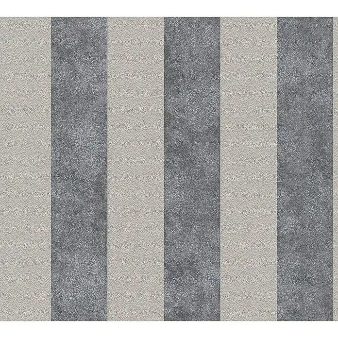 A.S. Création Trendwall Vliestapete Streifen - Grau/Silber, Streifen, 10,05 x 0,53 m - Nahaufnahme der gestreiften Tapete mit einer Mischung aus matten und strukturierten Oberflächen für eine moderne Wanddekoration.