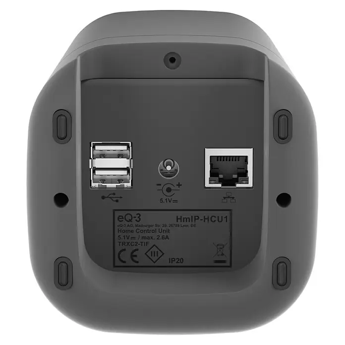 Homematic IP Steuerzentrale Home Control Unit HmIP-HCU1 - Anthrazit, L x B x H: 9,6 x 9,6 x 17,3 cm - Nahaufnahme der Rückseite einer eQ-3 Home Control Unit mit Anschlüssen und Zertifizierungen.