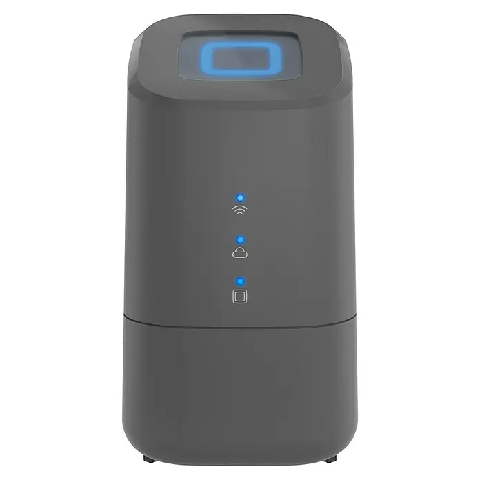 Homematic IP Steuerzentrale Home Control Unit HmIP-HCU1 - Anthrazit, L x B x H: 9,6 x 9,6 x 17,3 cm - Grauer Turm-Luftbefeuchter mit blauen Lichtern, kompaktes und modernes Design für eine effiziente Raumbefeuchtung.