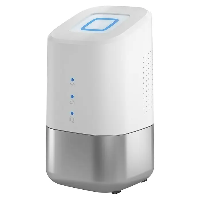Homematic IP Steuerzentrale Home Control Unit HmIP-HCU1 - Weiß, L x B x H: 9,6 x 9,6 x 17,3 cm - Intelligenter, weißer Luftreiniger mit silberfarbener Basis, der für saubere Luft in Ihrem Zuhause sorgt.\n