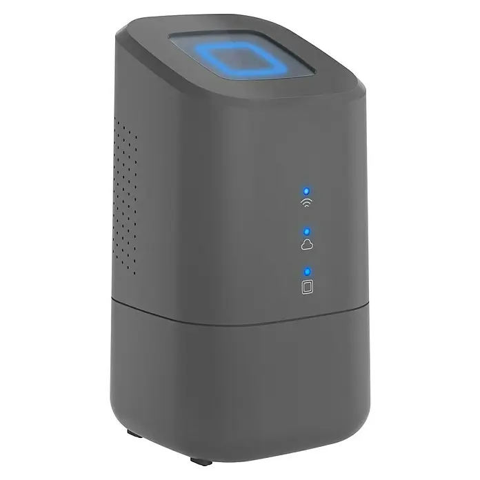 Homematic IP Steuerzentrale Home Control Unit HmIP-HCU1 - Anthrazit, L x B x H: 9,6 x 9,6 x 17,3 cm - Das Bild zeigt ein stilvolles, graues Gerät mit blauen Leuchten, vermutlich ein moderner Router oder Hub, der Konnektivität und Status anzeigt.