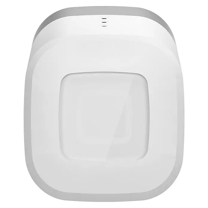 Homematic IP Steuerzentrale Home Control Unit HmIP-HCU1 - Weiß, L x B x H: 9,6 x 9,6 x 17,3 cm - Nahaufnahme eines quadratischen, weißen Bewegungssensors mit abgerundeten Ecken und drei kleinen Strichen oben.