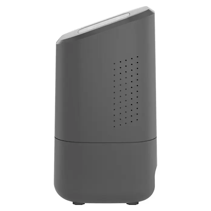 Homematic IP Steuerzentrale Home Control Unit HmIP-HCU1 - Anthrazit, L x B x H: 9,6 x 9,6 x 17,3 cm - Eine Nahaufnahme eines grauen Luftbefeuchters mit Löchern an der Seite. Das Gerät ist auf einem schwarzen Hintergrund isoliert.