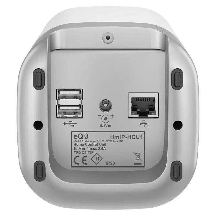 Homematic IP Steuerzentrale Home Control Unit HmIP-HCU1 - Weiß, L x B x H: 9,6 x 9,6 x 17,3 cm - Nahaufnahme der Rückseite einer eQ-3 Home Control Unit mit Anschlüssen und Zertifizierungszeichen.
