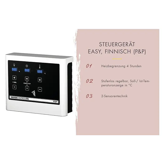 Karibu Elementsauna Nanja - Mit 3,6 kW Ofen mit externer Steuerung, Mit Dachkranz und Beleuchtung, L x B x H: 165 x 165 x 192 cm - Sauna Steuerungseinheit mit digitaler Anzeige und intuitiver Bedienung, ideal für finnische Saunen mit Heizbegrenzung und Sensortechnik.