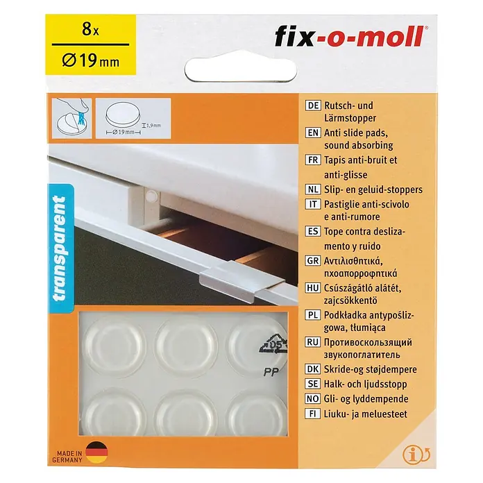 Fix-o-moll Rutsch- & Lärmstopper - Durchmesser: 19 mm, Kleben, 8 Stk. - Bild von Fix-o-moll Rutsch- und Lärmstoppern, 8 Stück, Durchmesser 19 mm, transparent, zur Reduzierung von Geräuschen und zum Schutz vor Verrutschen.