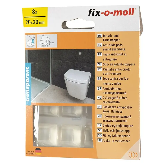 Fix-o-moll Rutsch- & Lärmstopper - L x B: 20 x 20 mm, Kleben, 8 Stk. - Fix-o-moll Anti-Rutsch-Pads, 8 Stück, 20x20mm, transparent, für Möbel und mehr, zur Reduzierung von Lärm und zum Schutz des Bodens.