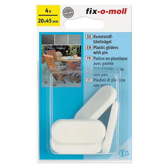 Plastik-Gleiter - L x B: 45 x 20 mm, 4 Stk. - Abbildung der Kunststoffgleiter von Fix-o-moll, 20x45mm, 4 Stück, mit Stift zur einfachen Montage an Möbeln.