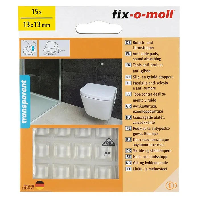 Fix-o-moll Rutsch- & Lärmstopper - L x B: 13 x 13 mm, Kleben, 15 Stk. - Bild der Fix-o-Moll Anti-Rutsch- und Lärmstopper, 15 Stück transparente Pads, 13x13 mm, ideal für Möbel und Geräte.