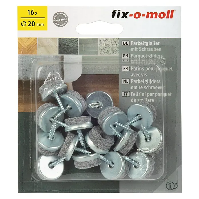 Fix-o-moll Plastik-Gleiter - Durchmesser: 20 mm, 16 Stk. - Bild einer Packung fix-o-moll Parkettgleiter mit Schrauben, 16 Stück mit Durchmesser 20 mm.