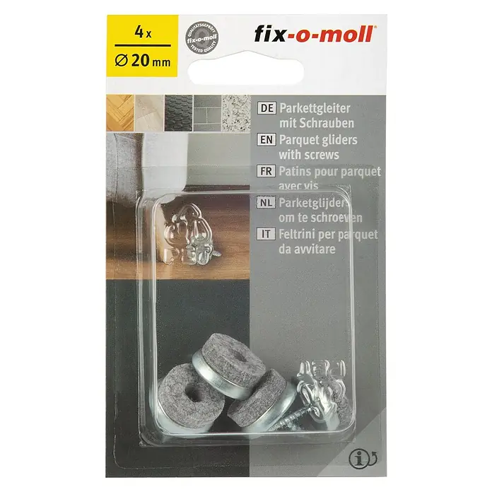 Fix-o-moll Plastik-Gleiter - Durchmesser: 20 mm, 4 Stk. - Bild von Fix-o-moll Parkettgleitern mit Schrauben, 4 Stück, Durchmesser 20 mm. Hochwertige Möbelgleiter für den Schutz Ihres Parketts.