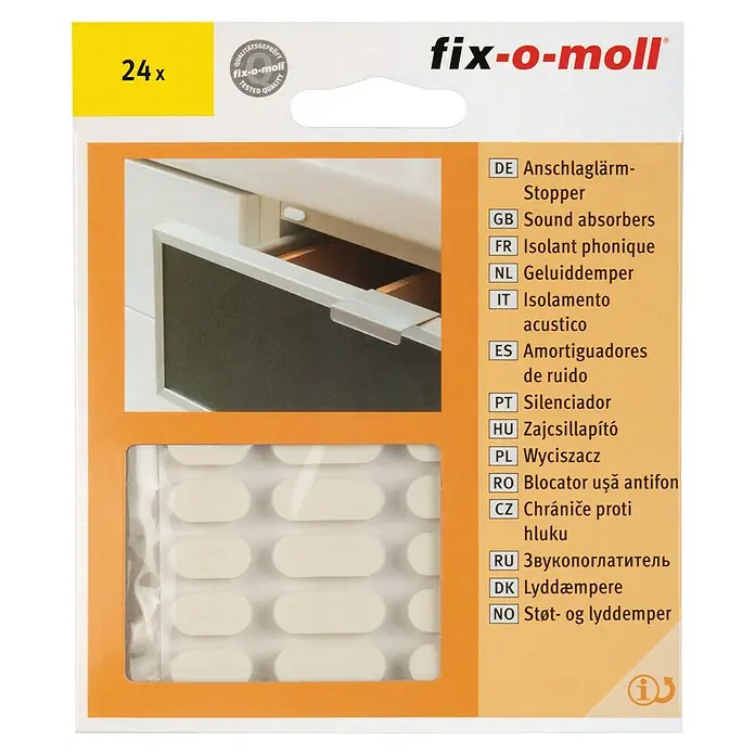 Fix-o-moll Kantenstoßschutz - 24 Stk. - Schallschluckende Puffer: Die ideale Lösung für geräuschreduzierende Möbelbeschläge, mit 24 Stück für eine umfassende Anwendung.
