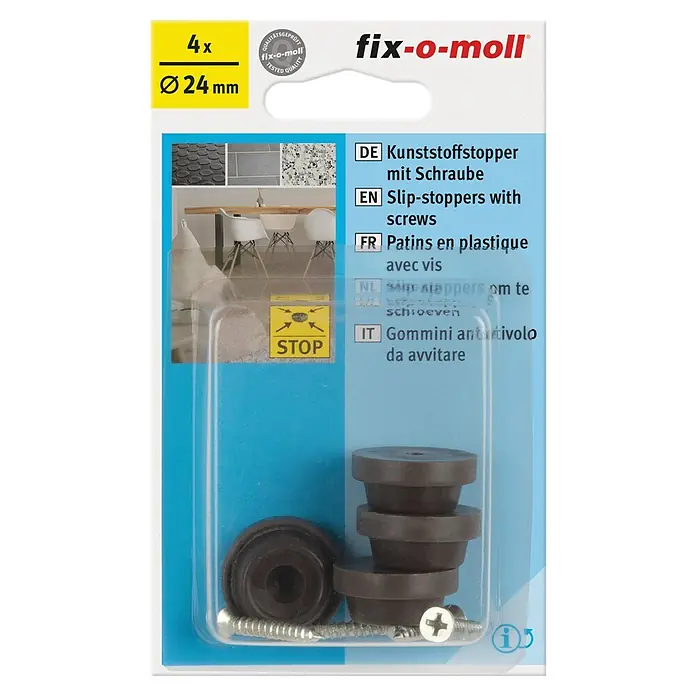 Plastik-Gleiter - Durchmesser: 24 mm, 4 -tlg., Braun - Bild einer Verpackung mit vier braunen Kunststoffstoppern der Marke Fix-o-moll, inklusive Schrauben, Durchmesser 24 mm.