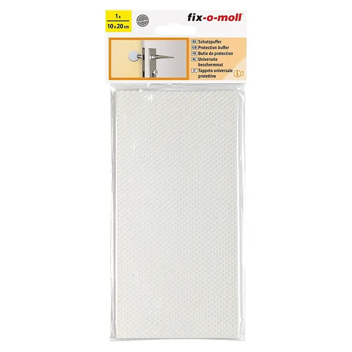 Fix-o-moll Gummiauflage - B x L: 100 x 200 mm - Bild einer fix-o-moll Schutzpuffer-Packung, die eine universelle Schutzmatte von 10x20 cm Größe enthält, ideal zum Schutz vor Stößen.