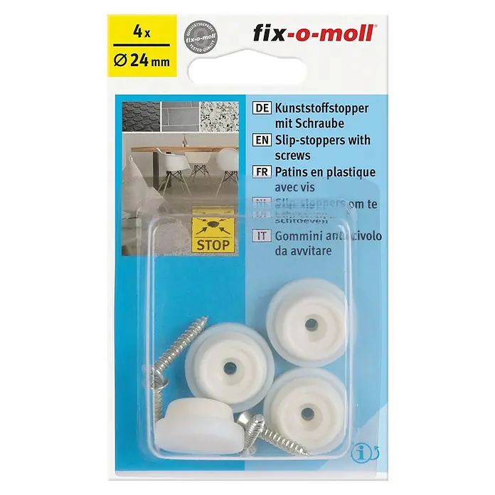 Plastik-Gleiter - Durchmesser: 24 mm, 4 -tlg., Weiß - Kunststoffstopper von Fix-o-moll, 4 Stück, Durchmesser 24 mm, mit Schrauben zur einfachen Montage, für Möbelstücke.