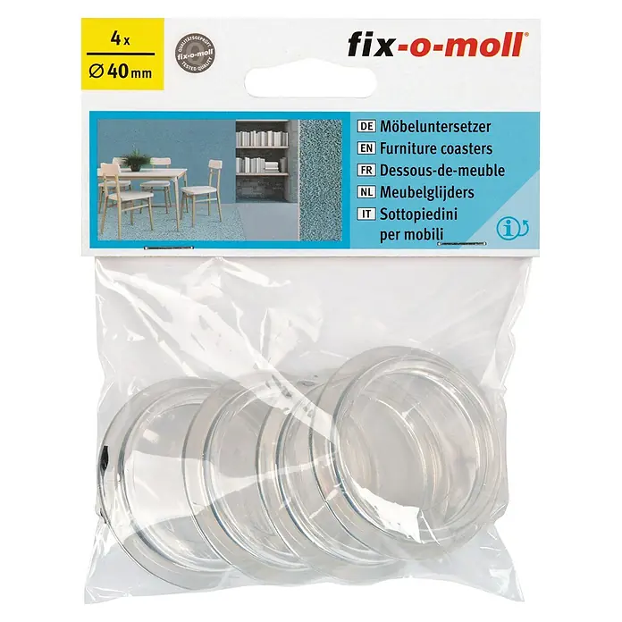 Fix-o-moll Möbeluntersetzer - Durchmesser: 40 mm - Bild von Fix-o-Moll Möbeluntersetzer, 4 Stück. Sie schützen Böden und sind einfach zu installieren. Durchmesser: 40 mm.