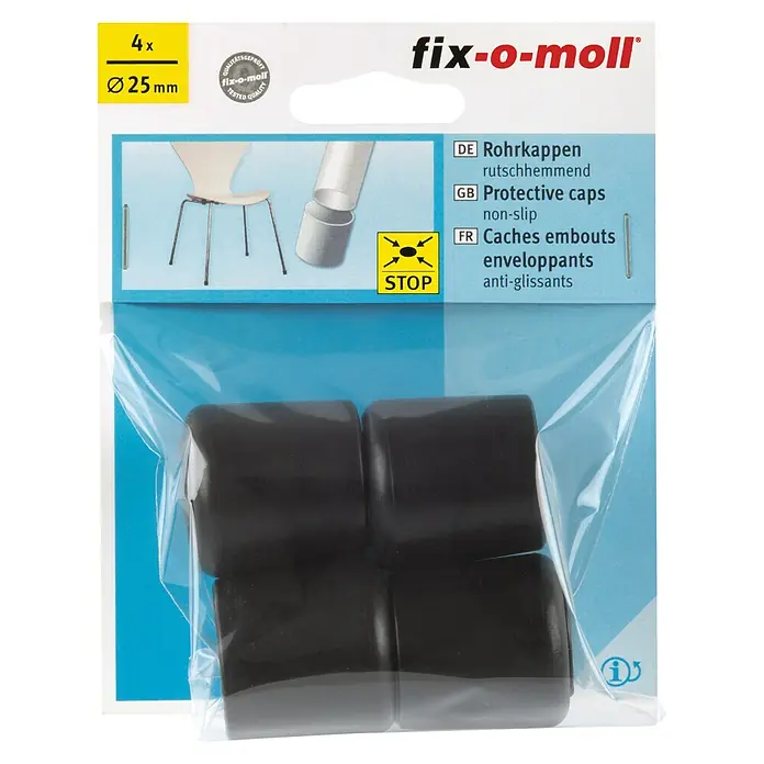 Fix-o-moll Rohrkappen - Durchmesser: 25 mm, 4 Stk., Rutschhemmend - Packung mit vier schwarzen Fix-o-Moll Rohrkappen, 25mm Durchmesser, rutschhemmend für Möbelbeine, zum Schutz des Bodens.