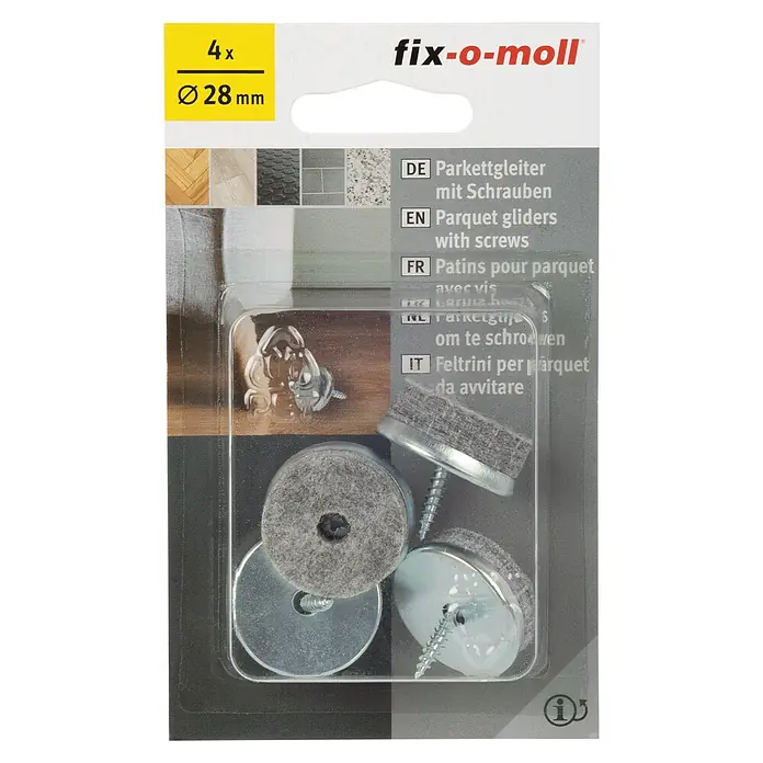 Fix-o-moll Plastik-Gleiter - Durchmesser: 28 mm, 4 Stk. - Packung mit 4 Parkettgleitern mit Schrauben, Durchmesser 28 mm von Fix-o-moll für den Schutz von Böden vor Kratzern und Beschädigungen.