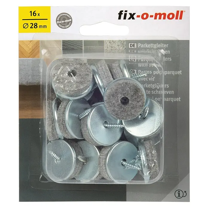 Fix-o-moll Plastik-Gleiter - Durchmesser: 28 mm, 16 Stk. - Packung Fix-o-moll Parkettgleiter mit Schrauben, 16 Stück, Durchmesser 28 mm, für den Schutz von Parkett- und Laminatböden.
