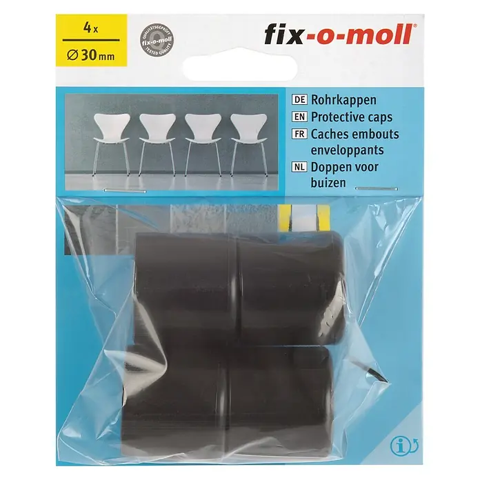 Rohrkappen - Durchmesser: 30 mm - Verpackung mit 4 schwarzen Fix-o-moll Rohrkappen mit einem Durchmesser von 30 mm zum Schutz von Rohren und Möbeln.