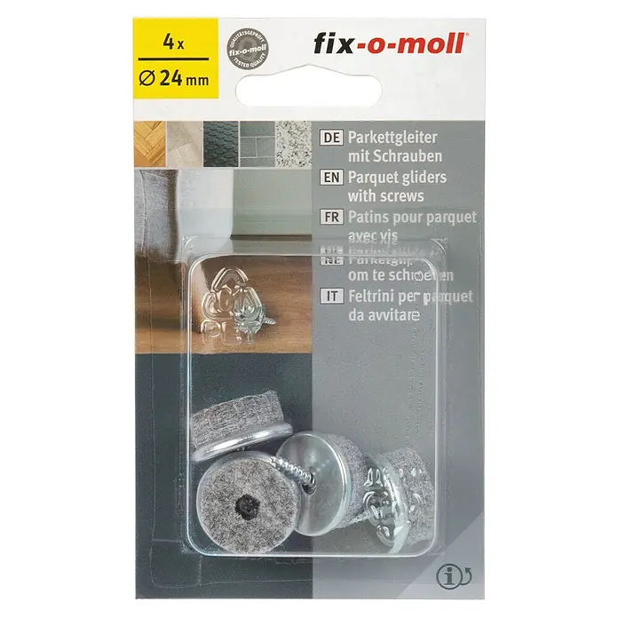 Fix-o-moll Plastik-Gleiter - Durchmesser: 24 mm, 4 Stk. - Eine Packung Fix-o-moll Parkettgleiter mit Schrauben, 4 Stück mit einem Durchmesser von 24 mm, für den Schutz empfindlicher Böden.