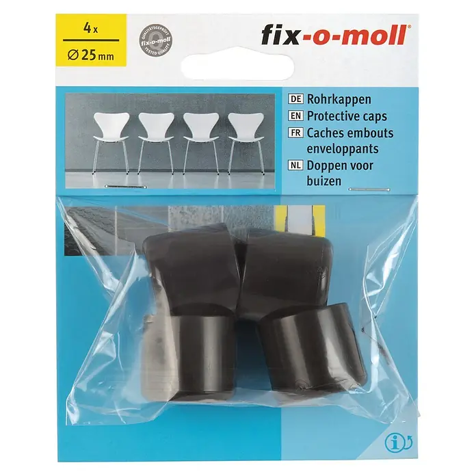 Fix-o-moll Rohrkappen - Durchmesser: 25 mm, 4 Stk. - Bild einer Packung fix-o-moll Rohrkappen, die einen zuverlässigen Schutz für Möbelbeine bieten und in verschiedenen Sprachen beschriftet ist.