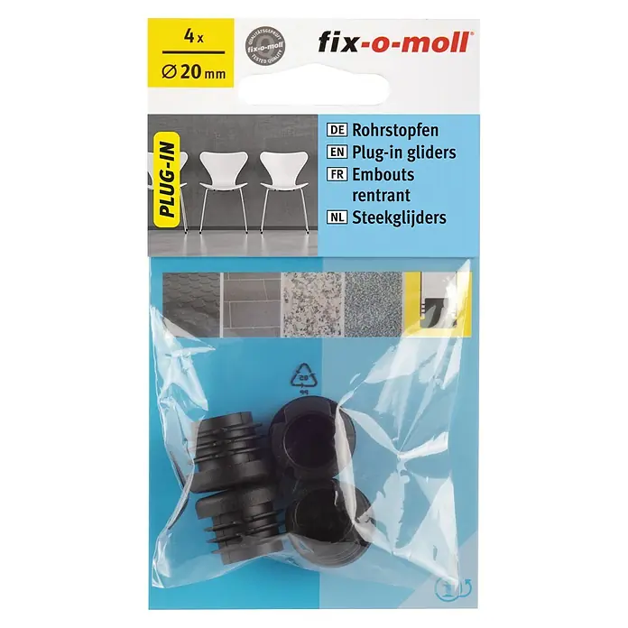 Fix-o-moll Rohrstopfen - Durchmesser: 20 mm - Abbildung der Fix-o-moll Rohrstopfen mit einem Durchmesser von 20mm, die als Gleiter für Möbel dienen und in einer 4er-Packung erhältlich sind.
