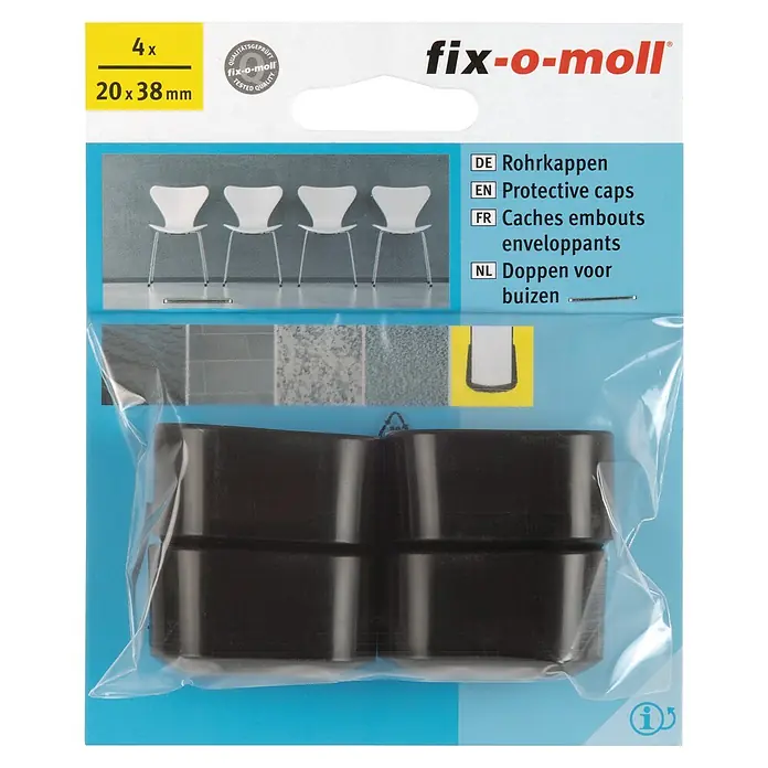 Fix-o-moll Rohrkappen - L x B: 20 x 38 mm, Kunststoff - Bild einer 4er-Packung Fix-o-moll Rohrkappen, 20x38 mm, zum Schutz von Möbelbeinen und Böden vor Kratzern, in einer transparenten Verpackung.
