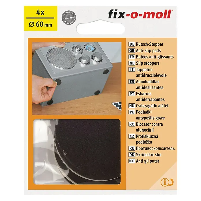 Fix-o-moll Teppichgleiter - Durchmesser: 60 mm, 4 Stk. - Bild einer Packung Fix-o-moll Anti-Rutsch-Pads, 4 Stück, Durchmesser 60 mm.