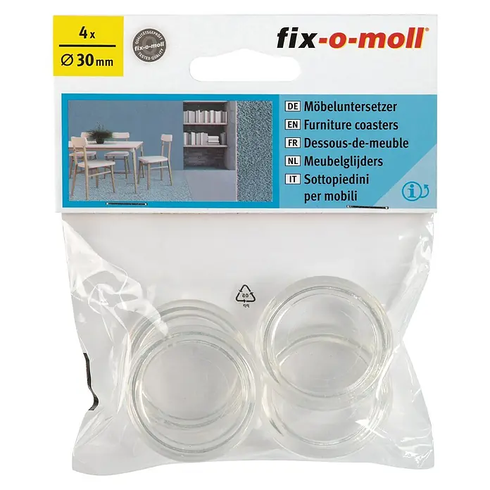 Fix-o-moll Möbeluntersetzer - Durchmesser: 30 mm - Bild einer Packung Fix-o-moll Möbeluntersetzer, die aus transparentem Kunststoff gefertigt sind und einen Durchmesser von 30 mm haben.