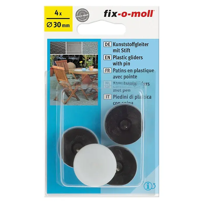 Fix-o-moll Plastik-Gleiter - Durchmesser: 30 mm - Kunststoffgleiter mit Stift von fix-o-moll, 4 Stück, Durchmesser 30 mm, für Möbel, um Böden vor Kratzern zu schützen.