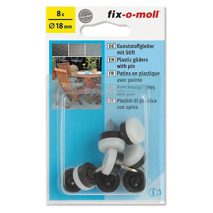 Fix-o-moll Plastik-Gleiter - Durchmesser: 18 mm - Bild einer Verpackung mit 8 Kunststoffgleitern mit Stift, Durchmesser 18 mm von fix-o-moll für Möbel, um Böden vor Kratzern zu schützen.