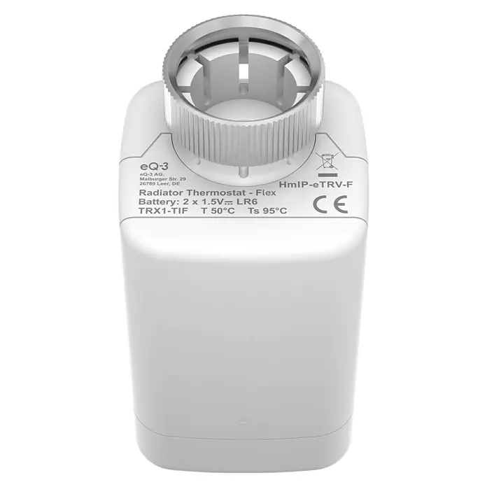 Homematic IP Heizkörper-Thermostat Flex HmIP-eTRV-F - M30 x 1,5 mm - Abbildung eines eQ-3 Heizkörperthermostats Flex, ein intelligentes Gerät zur Steuerung der Raumtemperatur mit CE-Kennzeichnung.