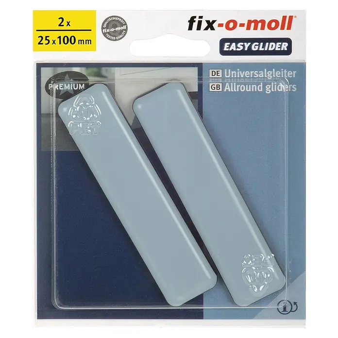 Fix-o-moll Möbelgleiter - B x L: 100 x 25 mm, 2 Stk. - Das Bild zeigt eine Packung Fix-o-Moll Universalgleiter (2 Stück, 25x100 mm) für Möbel, mit Qualitätsprüfung und "Easy Glider"-Funktion.