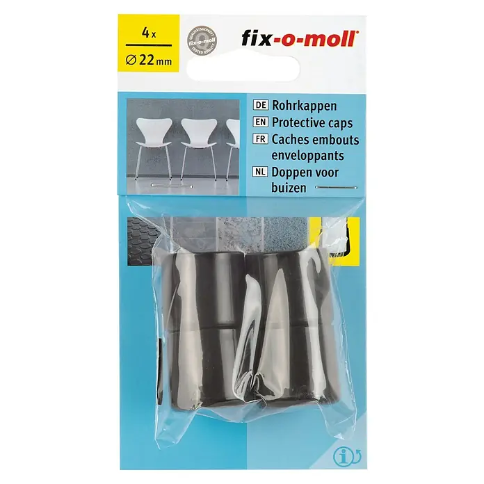 Fix-o-moll Rohrkappen - Durchmesser: 22 mm, 4 Stk. - Bild einer Packung mit 4 schwarzen Fix-o-moll Schutzkappen für Rohre mit einem Durchmesser von 22 mm.