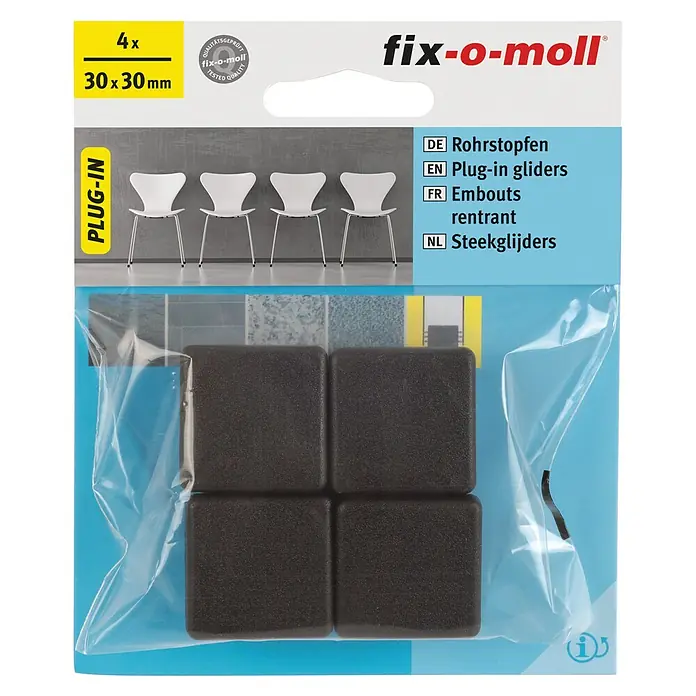 Fix-o-moll Rohrkappen - L x B: 30 x 30 mm - Bild von einer 4er-Packung Fix-o-Moll Rohrstopfen, 30x30mm, zur einfachen Montage an Möbelbeinen.
