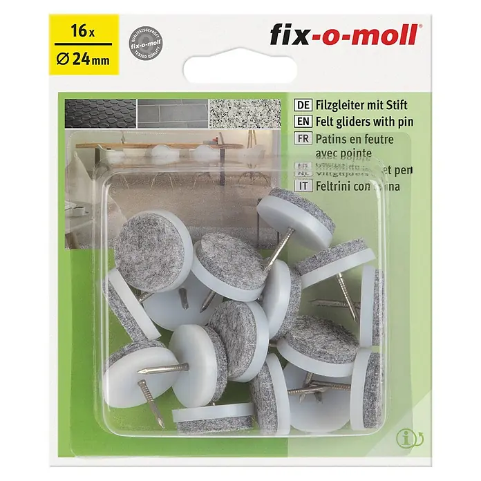 Fix-o-moll Plastik-Gleiter - Durchmesser: 24 mm, Weiß - Bild von einer Packung Fix-o-moll Filzgleiter mit Stift, 16 Stück mit einem Durchmesser von 24mm, für Möbel zum Schutz des Bodens.