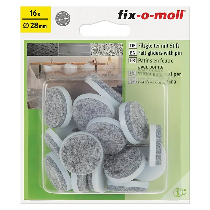 Fix-o-moll Plastik-Gleiter - Durchmesser: 28 mm, Weiß - Abbildung der Fix-o-Moll Filzgleiter mit Stift, 16 Stück, Durchmesser 28mm, zur einfachen und effektiven Möbelpflege und zum Schutz empfindlicher Böden.