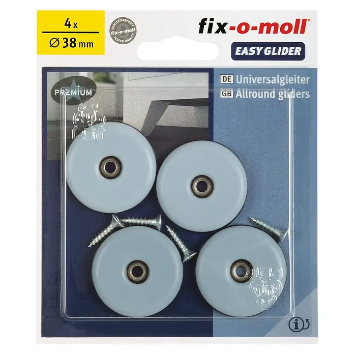 Fix-o-moll Möbelgleiter - Durchmesser: 38 mm, 4 Stk. - Bild von "fix-o-moll" Möbelgleiter, 4 Stück, Ø 38 mm, Universalgleiter für Möbel, einfache Montage mit Schrauben, für verschiedene Bodenbeläge.