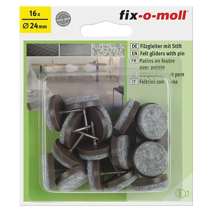 Fix-o-moll Plastik-Gleiter - Durchmesser: 24 mm, Braun - Bild einer Packung fix-o-moll Filzgleiter mit Stift, 16 Stück mit Ø24mm Durchmesser, ideal zum Schutz von Böden vor Kratzern durch Möbel.