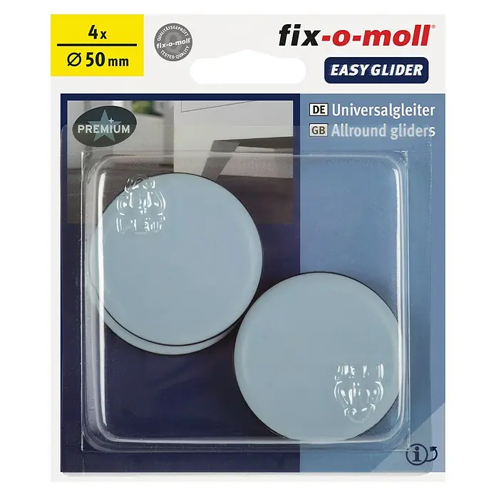 Fix-o-moll Möbelgleiter - Durchmesser: 50 mm, 4 Stk. - Bild einer Packung Fix-o-moll Universalgleiter mit 4 Stück und einem Durchmesser von 50 mm.