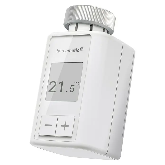Homematic IP Heizkörper-Thermostat Flex HmIP-eTRV-F - M30 x 1,5 mm - Nahaufnahme eines Homematic IP Heizkörperthermostats mit digitaler Anzeige und Bedienelementen.