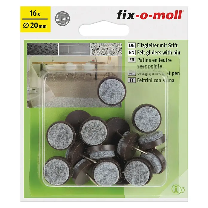 Fix-o-moll Plastik-Gleiter - Durchmesser: 20 mm, Braun - Bild einer Packung Fix-o-Moll Filzgleiter mit Stift, 16 Stück, Durchmesser 20 mm.